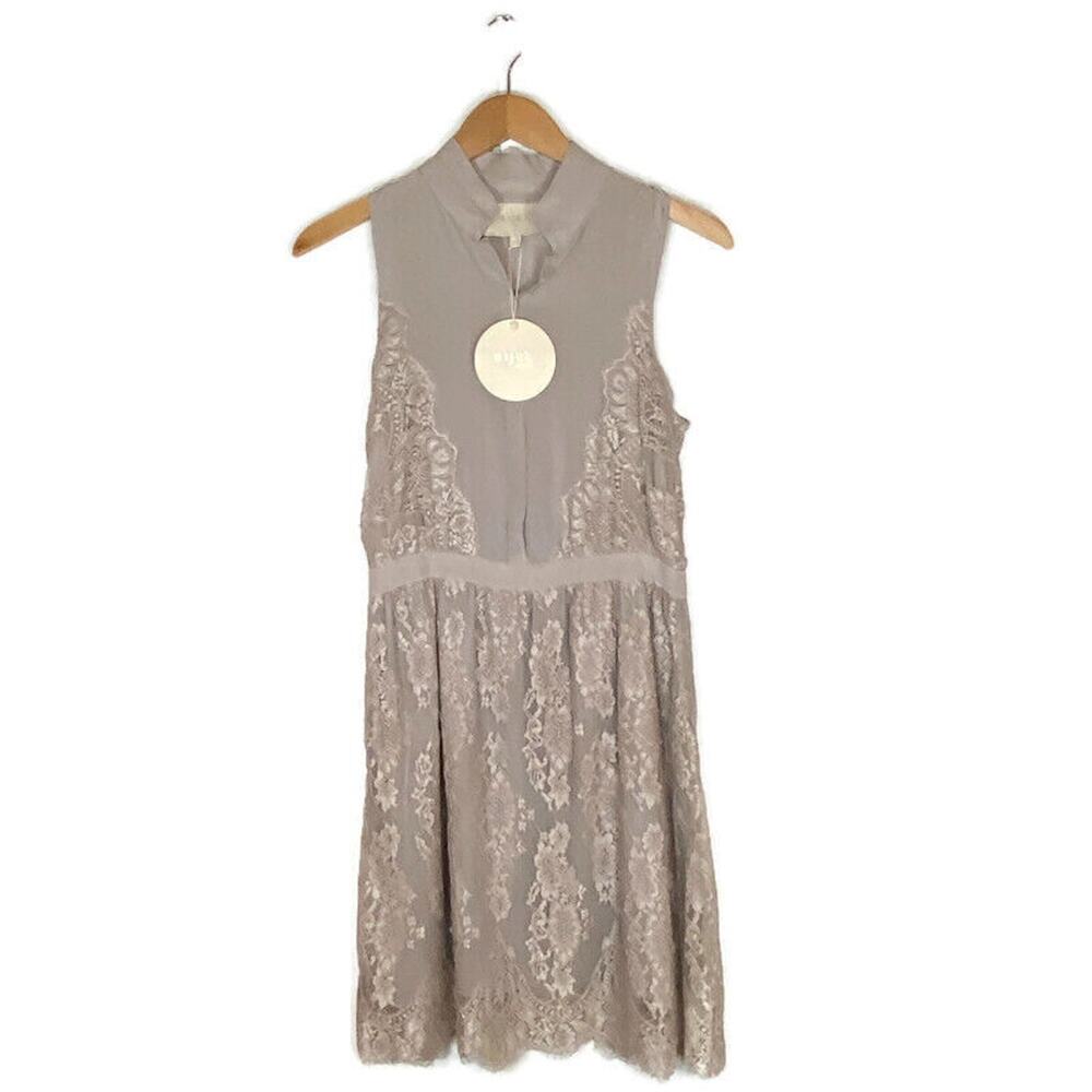NWT Aijek Size 2 Lace Silk Sleeveless Dress Lined Beige Knee Length A-Line Boho